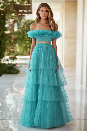 Off The Shoulder Lake Blue Ruffled Tiered Long Formal Dress